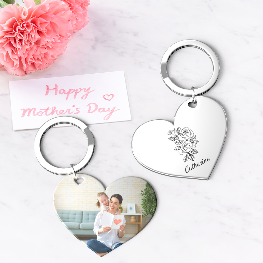 Birth Flower Keychain Custom Photo Keychain Mothers Day Gifts for Mom