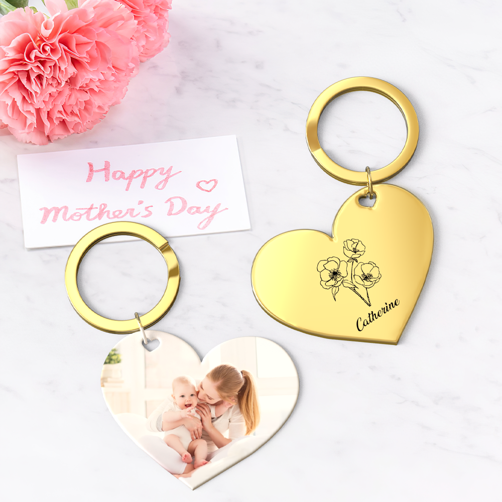 Birth Flower Keychain Custom Photo Keychain Mothers Day Gifts for Mom