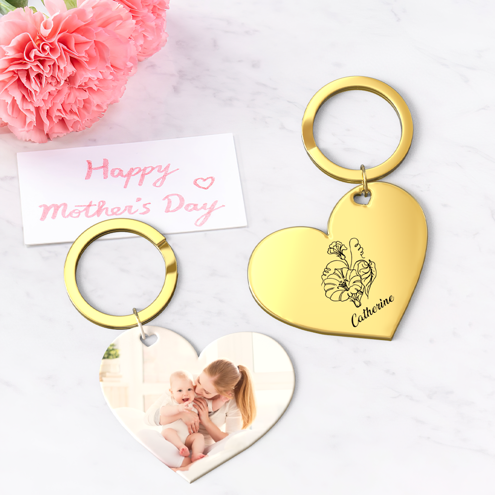 Birth Flower Keychain Custom Photo Keychain Mothers Day Gifts for Mom