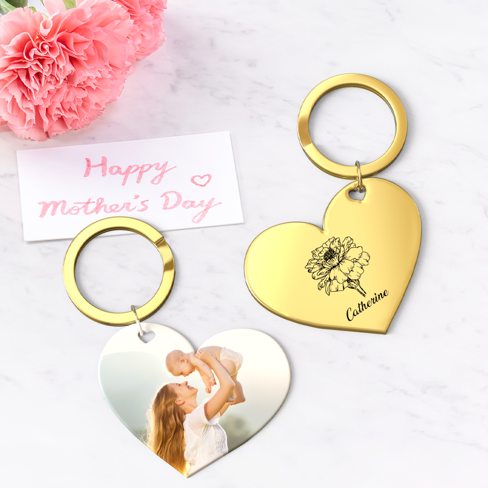 Birth Flower Keychain Custom Photo Keychain Mothers Day Gifts for Mom