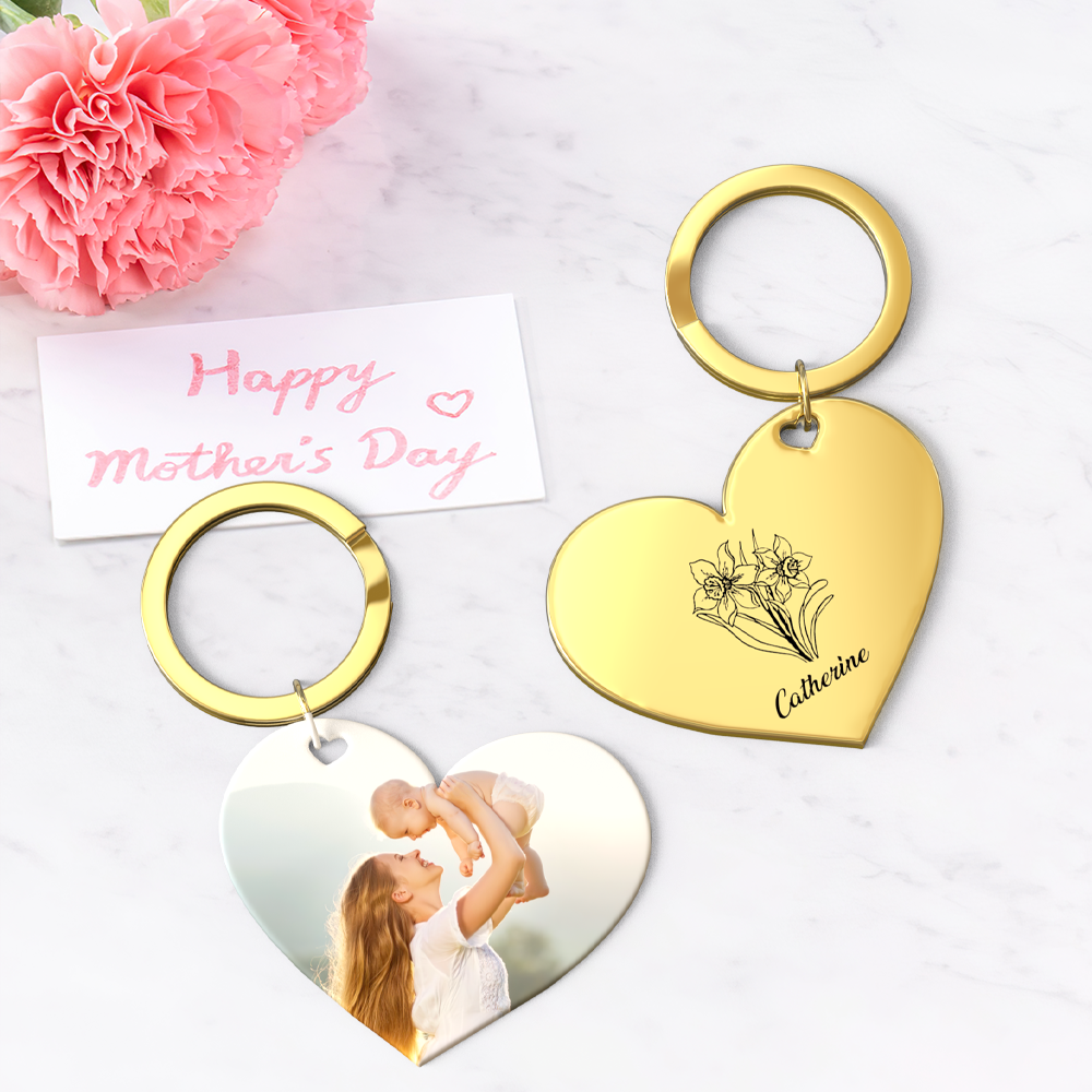 Birth Flower Keychain Custom Photo Keychain Mothers Day Gifts for Mom