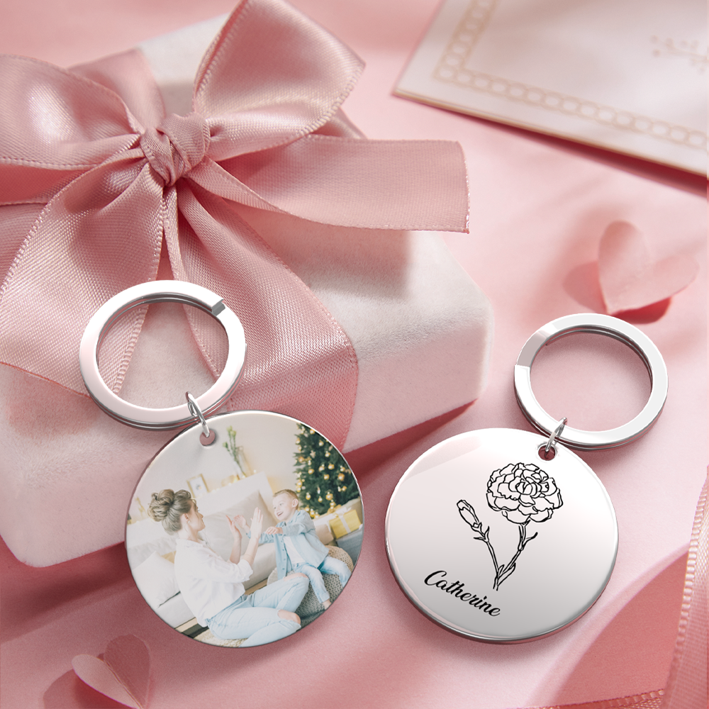 Custom Photo Keychain Personalized Month Flower Mothers Day Gifts for Mom