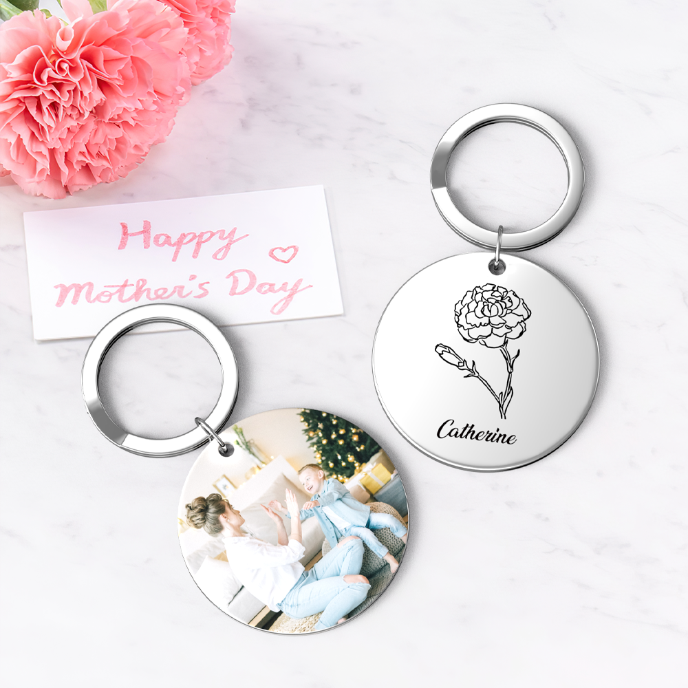 Custom Photo Keychain Personalized Month Flower Mothers Day Gifts for Mom