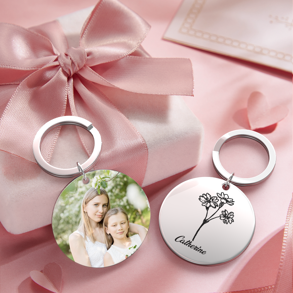 Custom Photo Keychain Personalized Month Flower Mothers Day Gifts for Mom