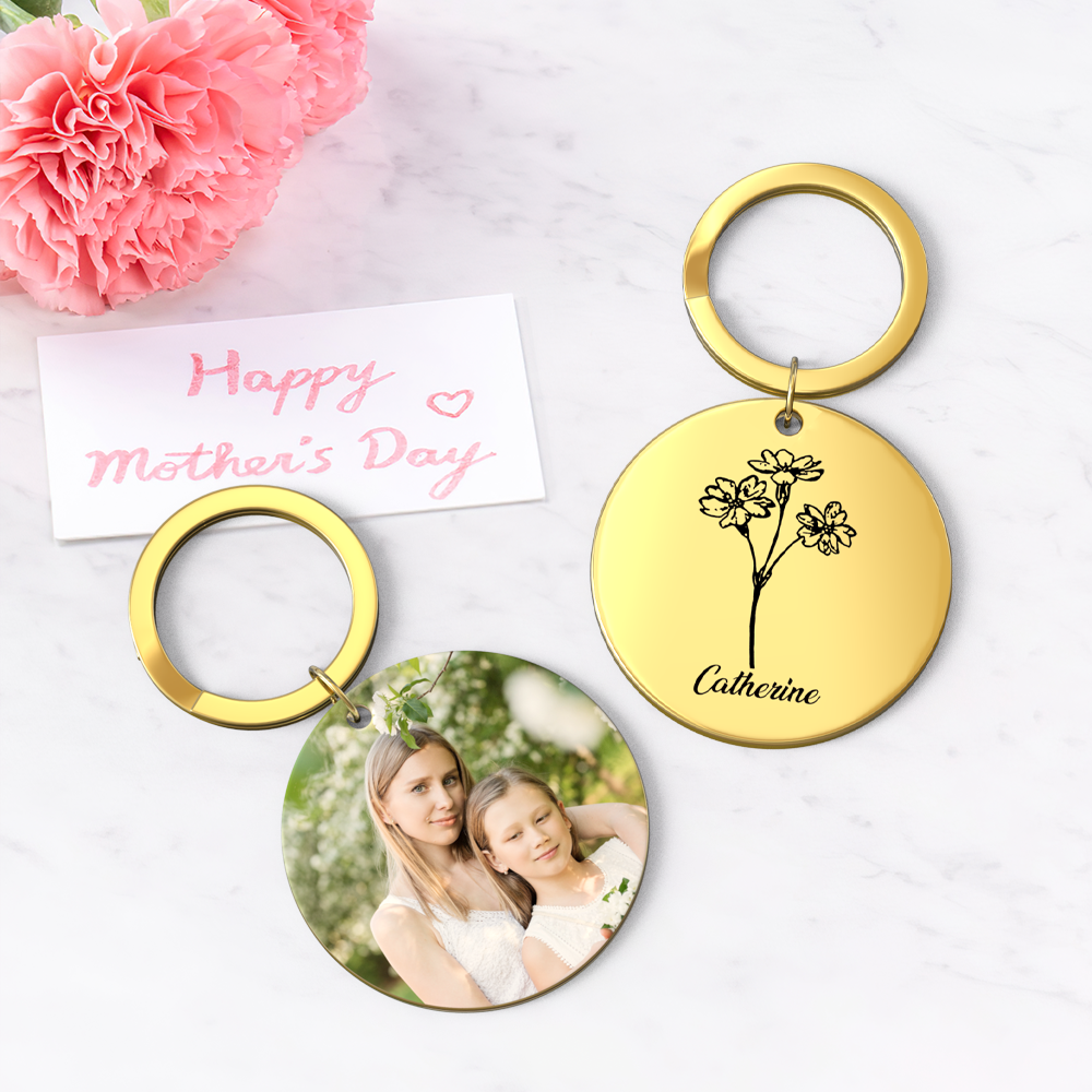 Custom Photo Keychain Personalized Month Flower Mothers Day Gifts for Mom