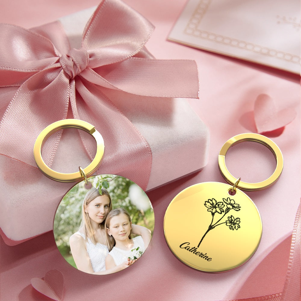 Custom Photo Keychain Personalized Month Flower Mothers Day Gifts for Mom