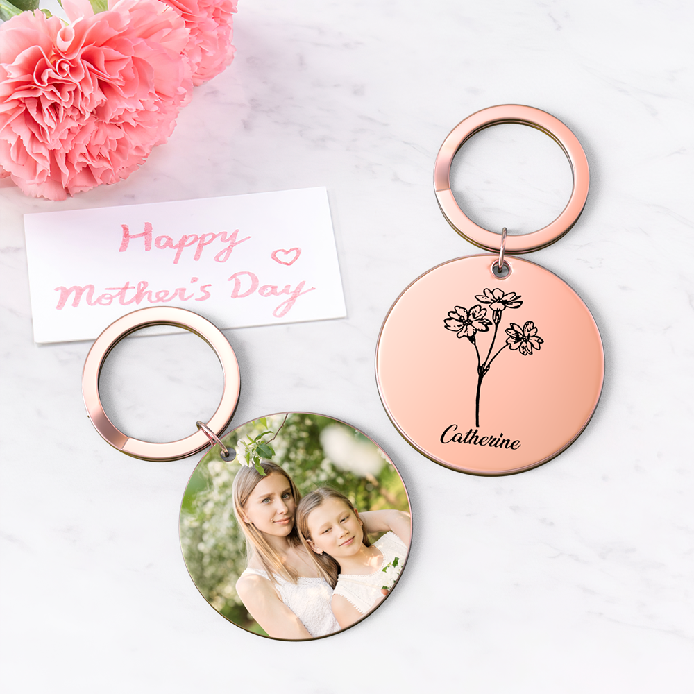 Custom Photo Keychain Personalized Month Flower Mothers Day Gifts for Mom