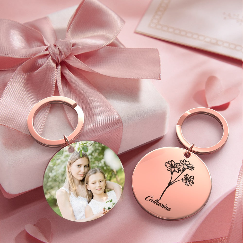 Custom Photo Keychain Personalized Month Flower Mothers Day Gifts for Mom