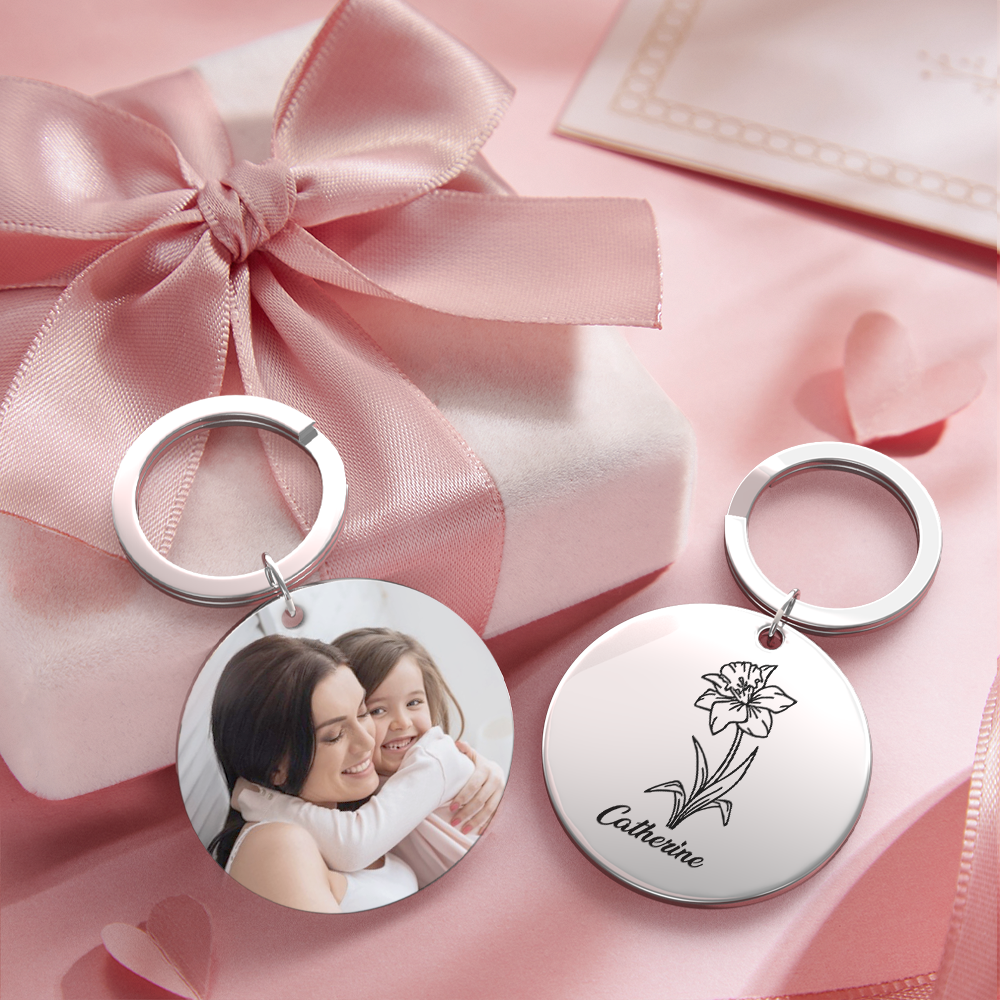 Custom Photo Keychain Personalized Month Flower Mothers Day Gifts for Mom