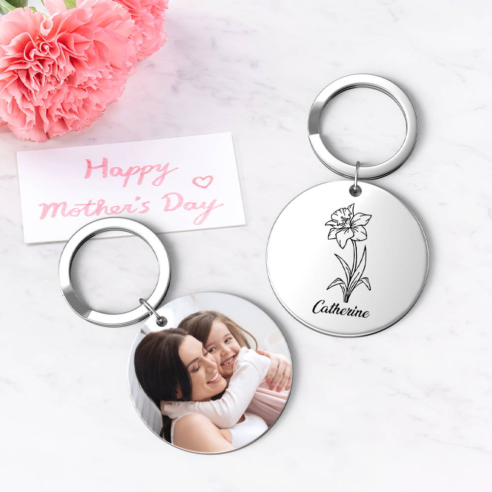 Custom Photo Keychain Personalized Month Flower Mothers Day Gifts for Mom