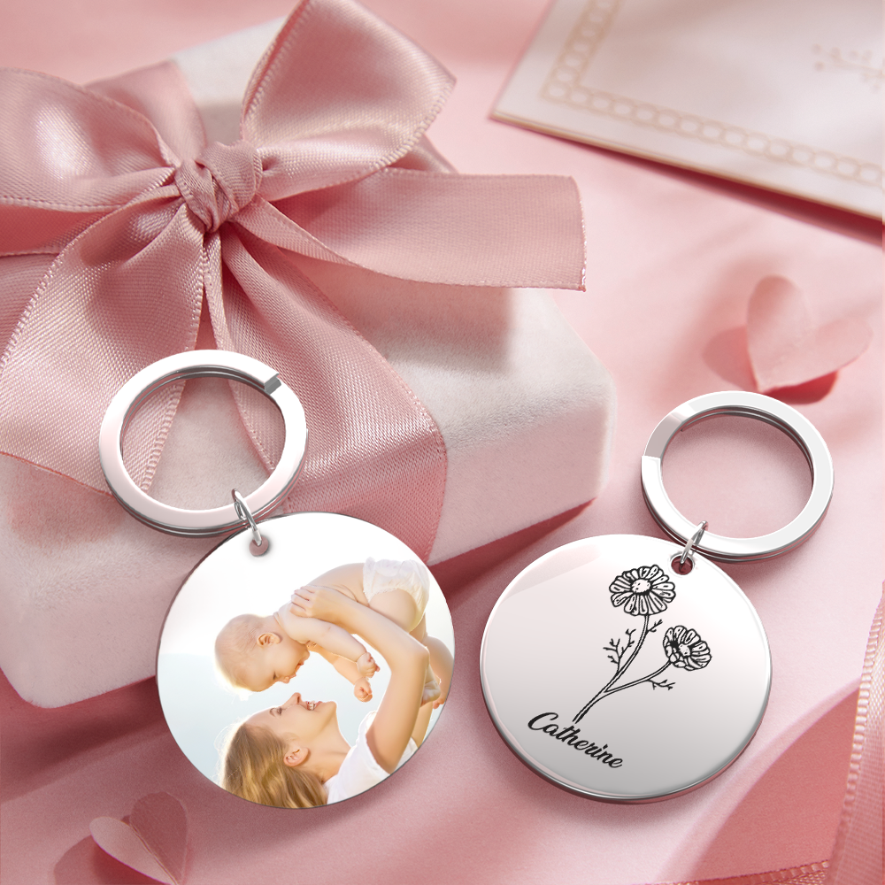 Custom Photo Keychain Personalized Month Flower Mothers Day Gifts for Mom