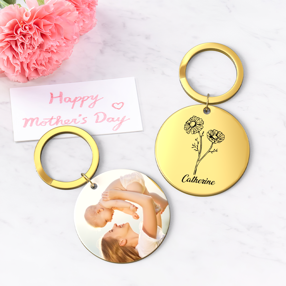 Custom Photo Keychain Personalized Month Flower Mothers Day Gifts for Mom