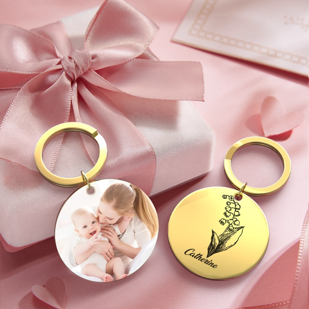 Custom Photo Keychain Personalized Month Flower Mothers Day Gifts for Mom