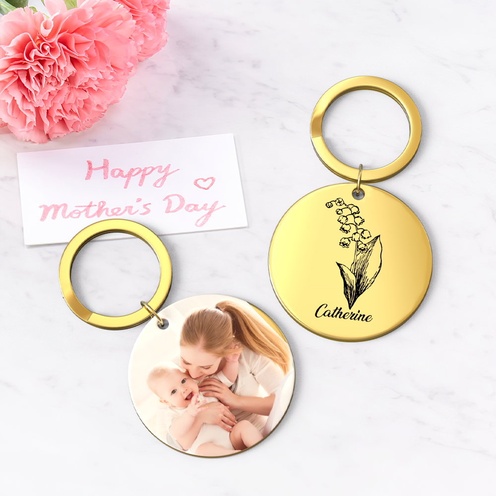 Custom Photo Keychain Personalized Month Flower Mothers Day Gifts for Mom