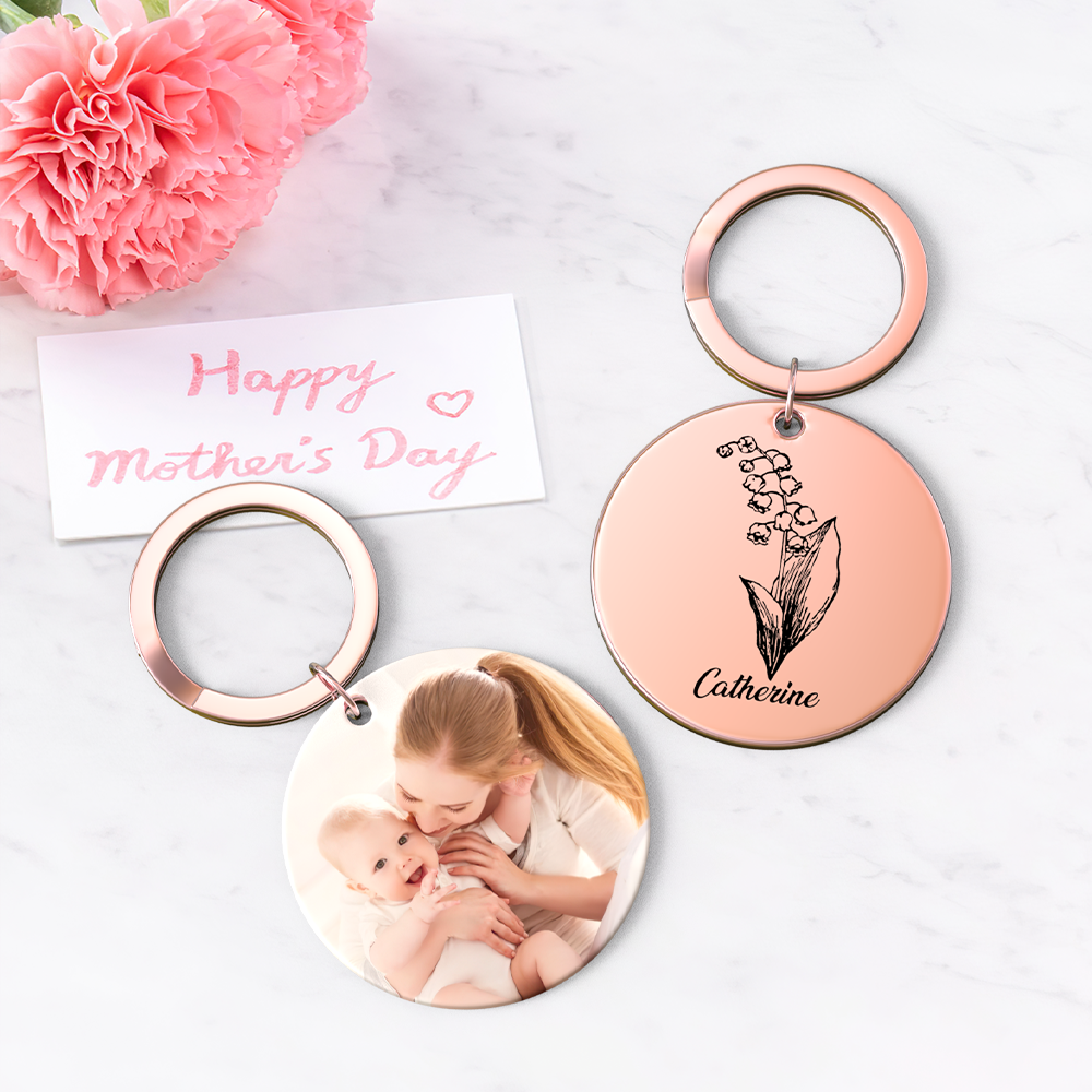 Custom Photo Keychain Personalized Month Flower Mothers Day Gifts for Mom