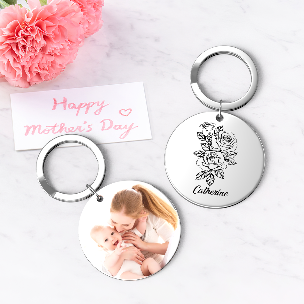 Custom Photo Keychain Personalized Month Flower Mothers Day Gifts for Mom