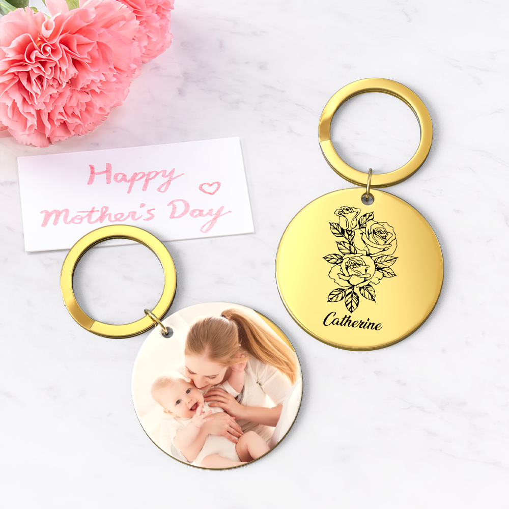 Custom Photo Keychain Personalized Month Flower Mothers Day Gifts for Mom