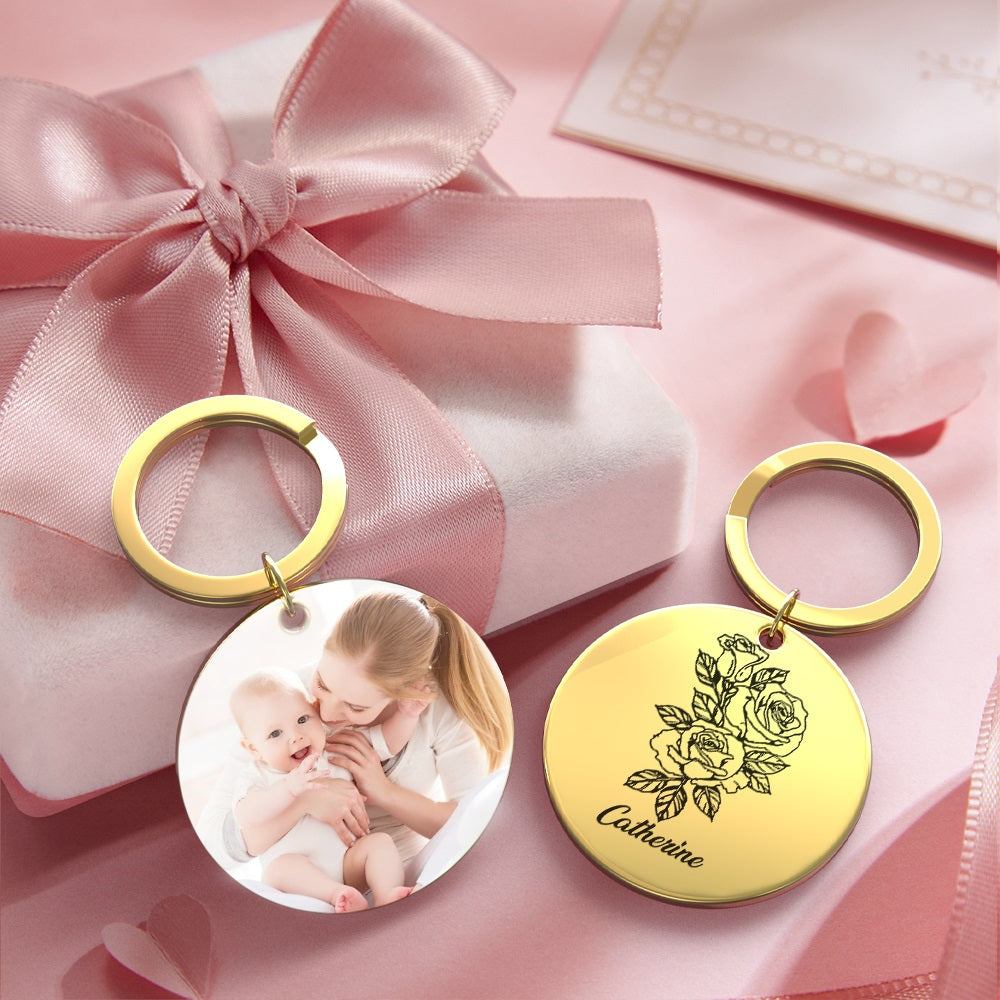 Custom Photo Keychain Personalized Month Flower Mothers Day Gifts for Mom