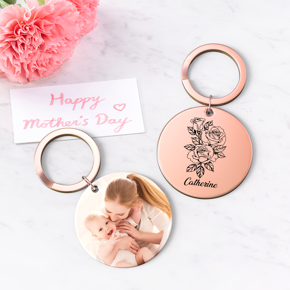 Custom Photo Keychain Personalized Month Flower Mothers Day Gifts for Mom