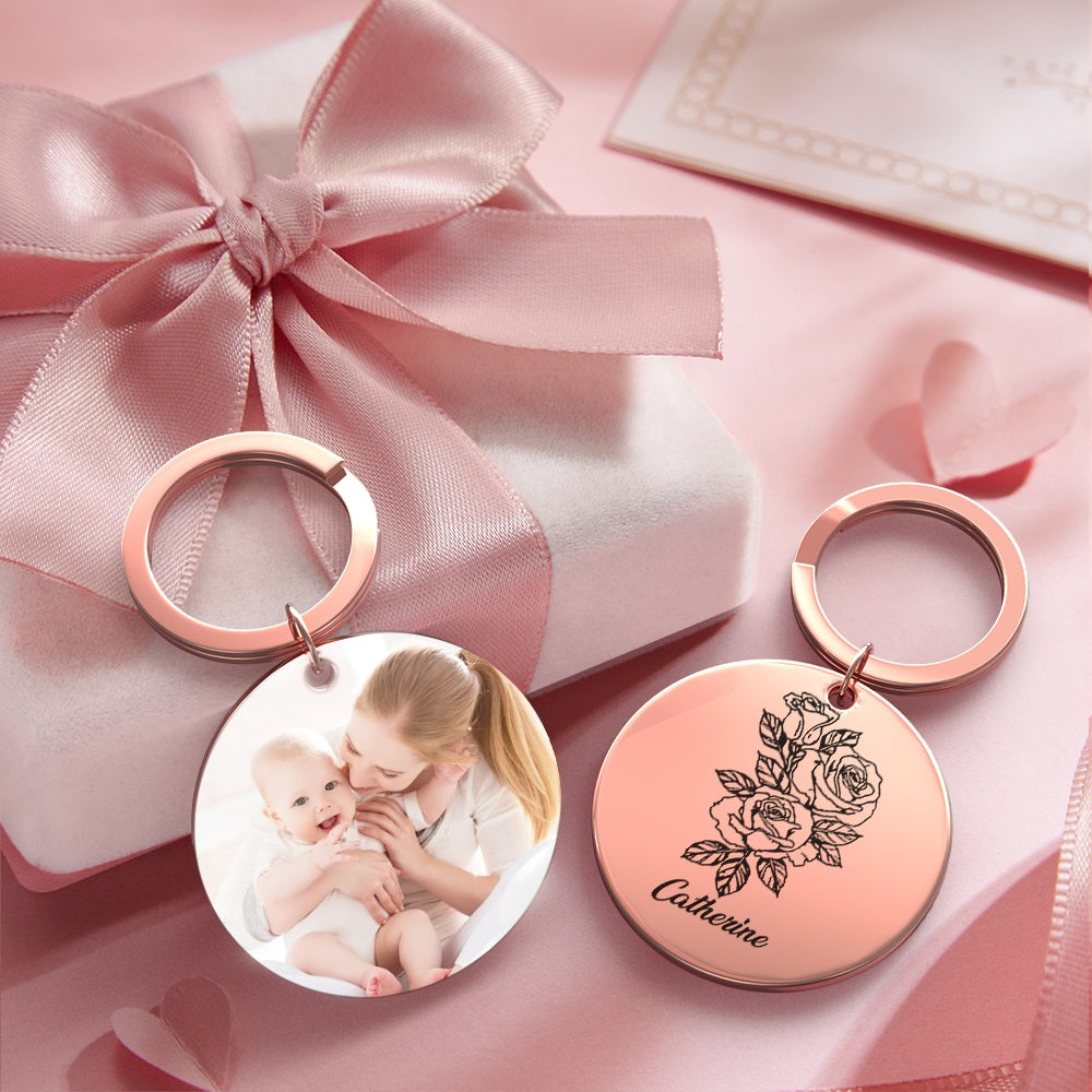 Custom Photo Keychain Personalized Month Flower Mothers Day Gifts for Mom