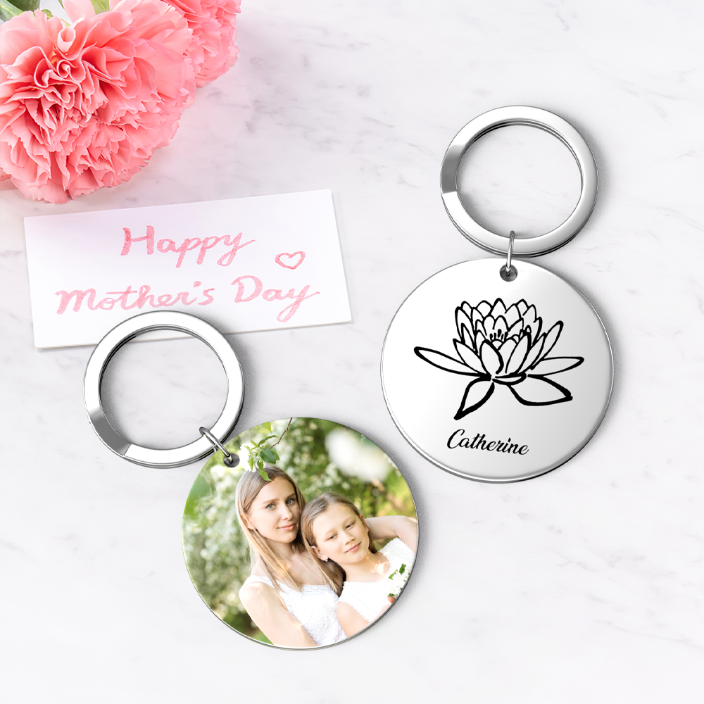 Custom Photo Keychain Personalized Month Flower Mothers Day Gifts for Mom