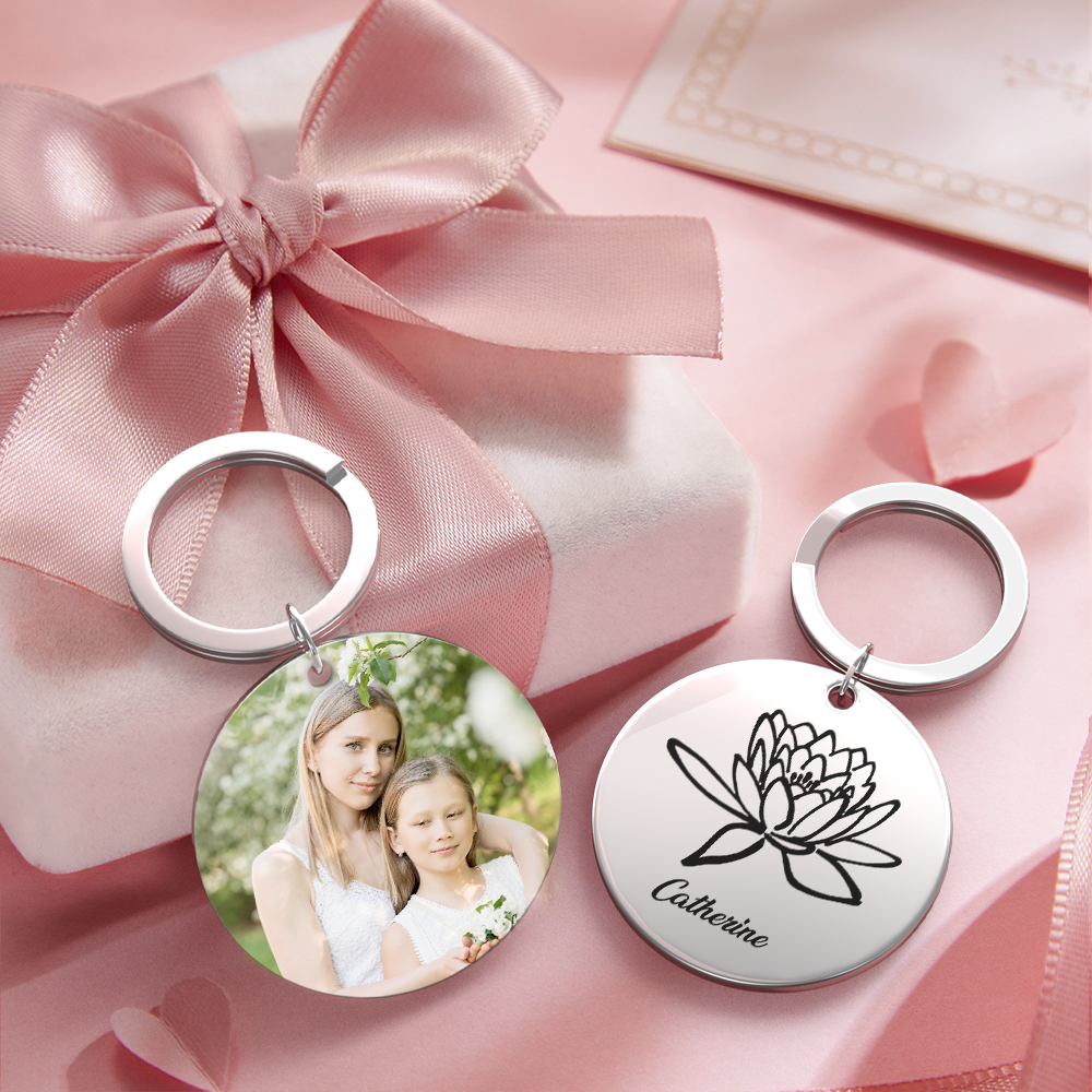 Custom Photo Keychain Personalized Month Flower Mothers Day Gifts for Mom