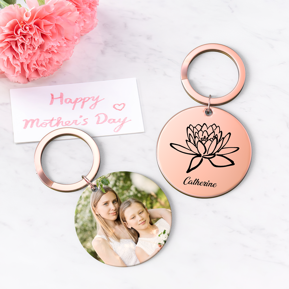 Custom Photo Keychain Personalized Month Flower Mothers Day Gifts for Mom