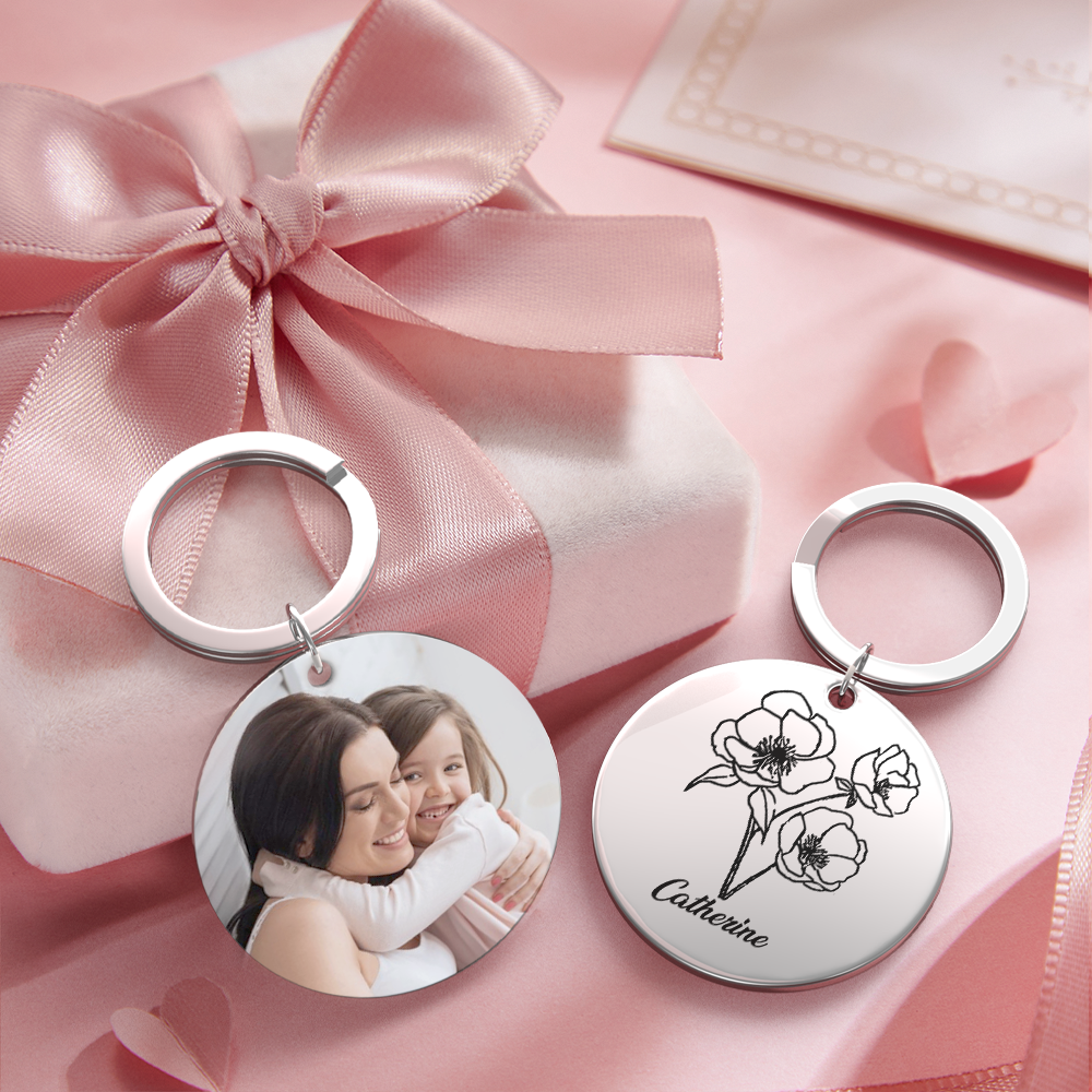 Custom Photo Keychain Personalized Month Flower Mothers Day Gifts for Mom