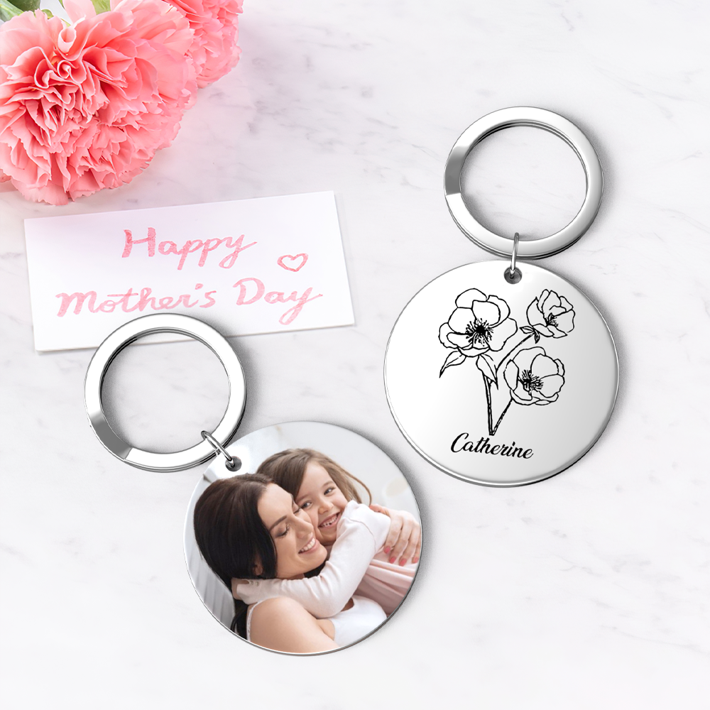 Custom Photo Keychain Personalized Month Flower Mothers Day Gifts for Mom