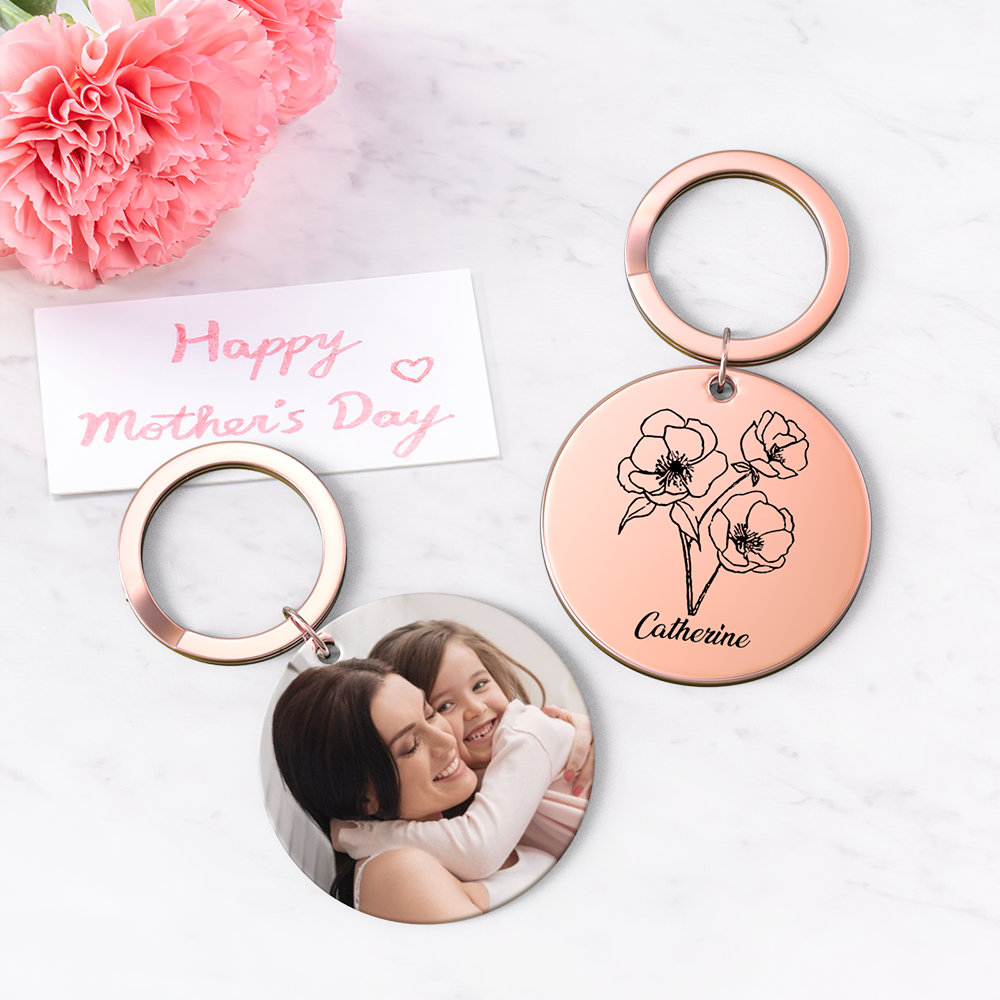 Custom Photo Keychain Personalized Month Flower Mothers Day Gifts for Mom