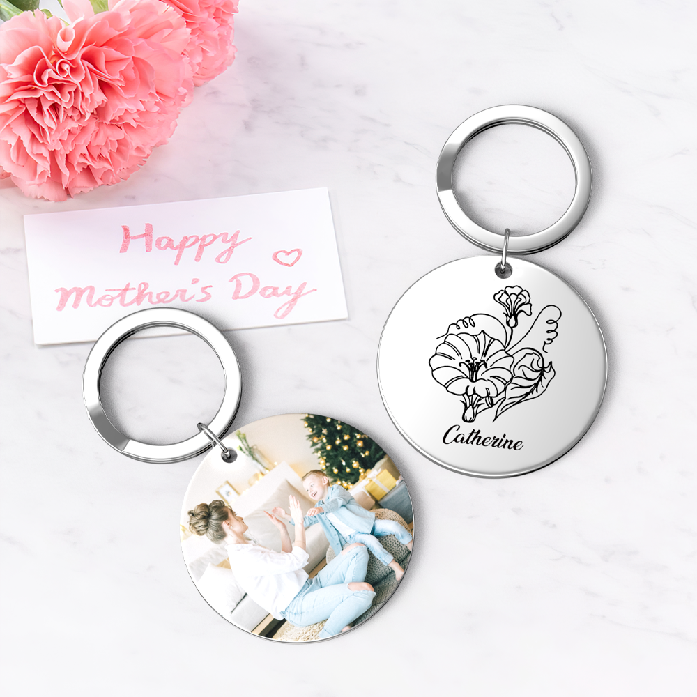 Custom Photo Keychain Personalized Month Flower Mothers Day Gifts for Mom