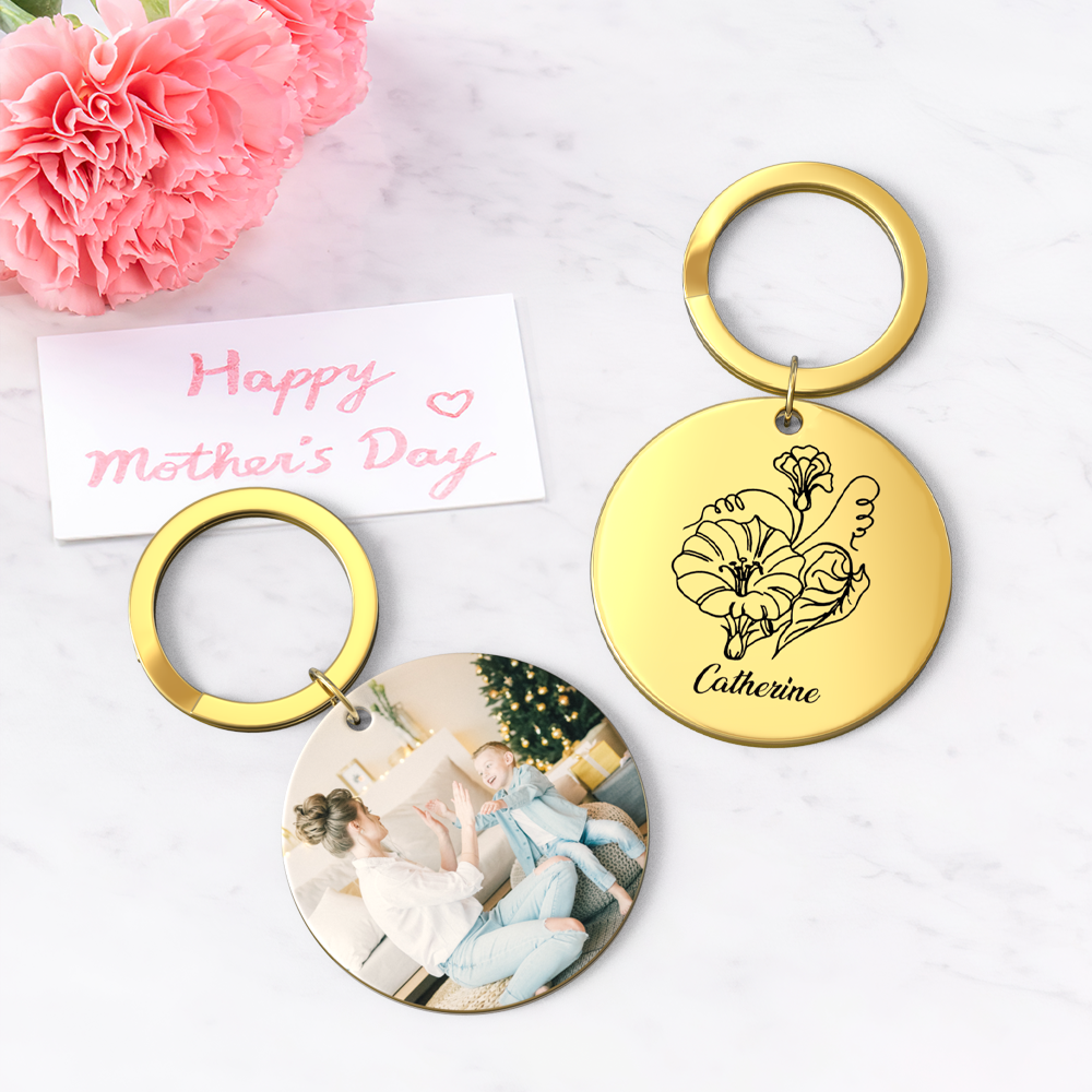 Custom Photo Keychain Personalized Month Flower Mothers Day Gifts for Mom