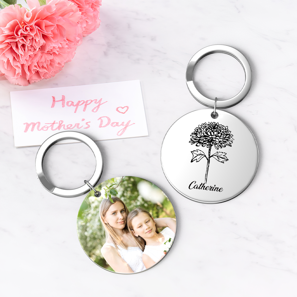 Custom Photo Keychain Personalized Month Flower Mothers Day Gifts for Mom