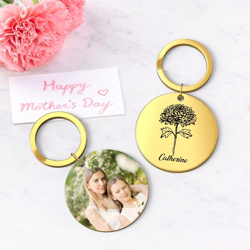 Custom Photo Keychain Personalized Month Flower Mothers Day Gifts for Mom