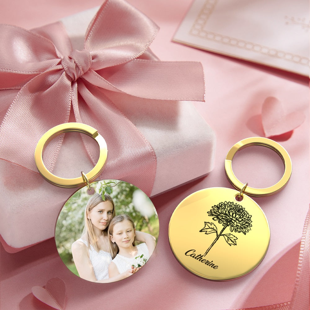 Custom Photo Keychain Personalized Month Flower Mothers Day Gifts for Mom