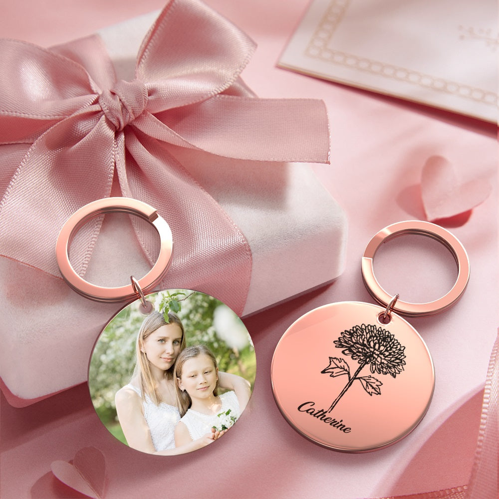 Custom Photo Keychain Personalized Month Flower Mothers Day Gifts for Mom