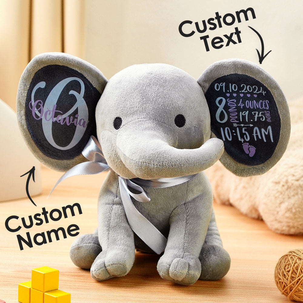 Personalized Elephant Plush Stuffed Animal Birth Announcement Gift for Baby