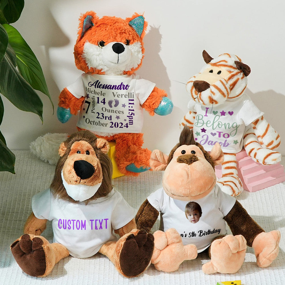 Personalized Animal Plush Stuffed Toy Birth Announcement Gift for Baby Shower