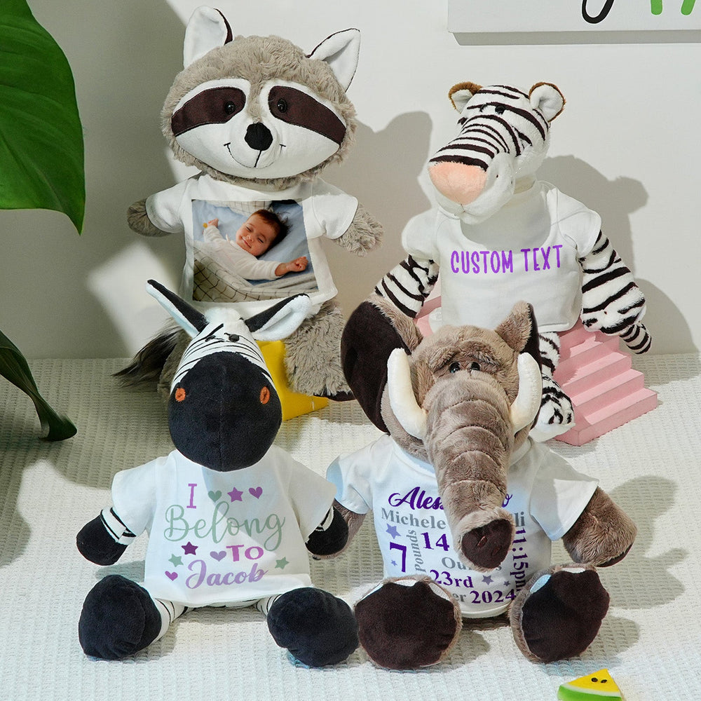 Personalized Animal Plush Stuffed Toy Birth Announcement Gift for Baby Shower