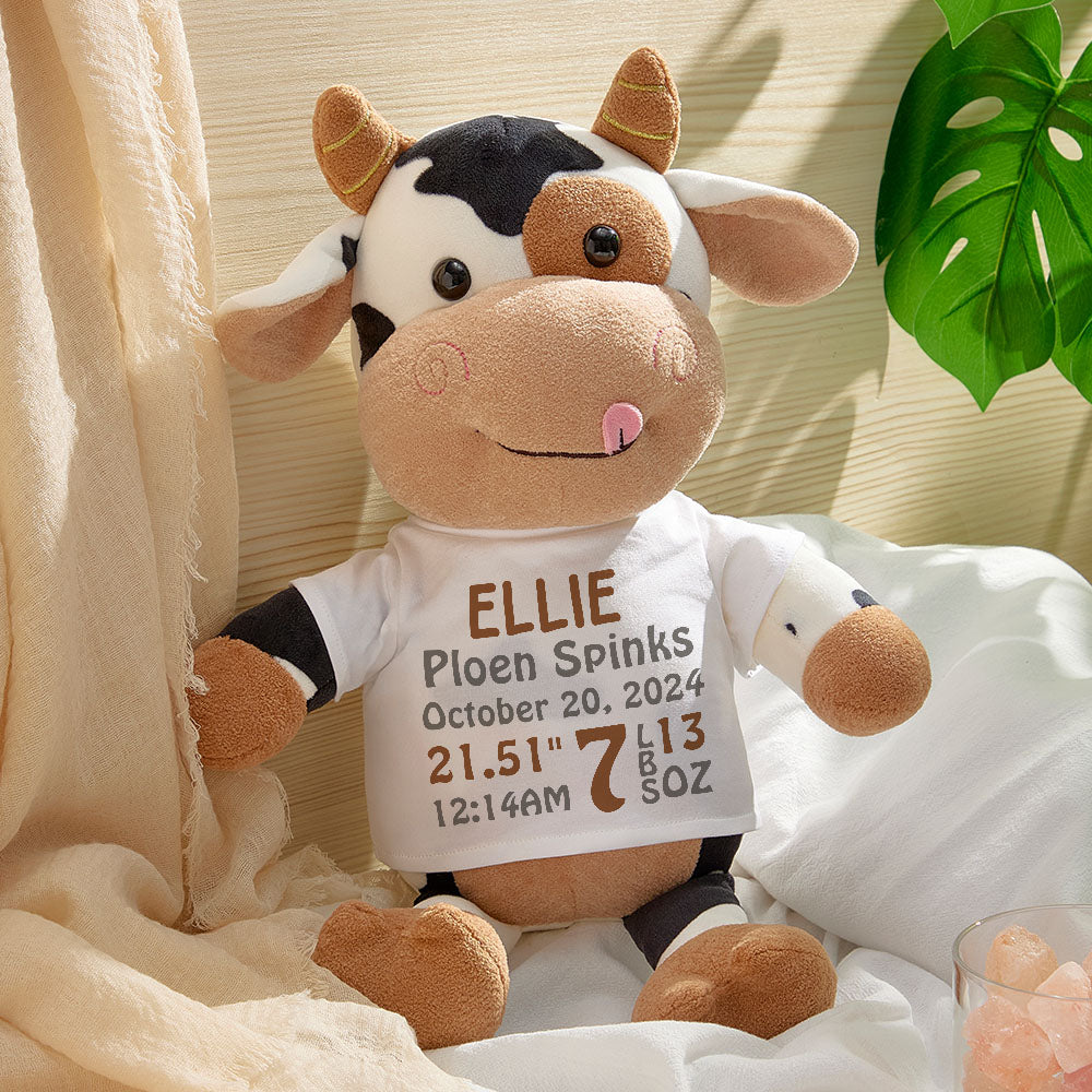 Personalized Cow Plush Stuffed Toy Birth Announcement Gift for Baby Shower