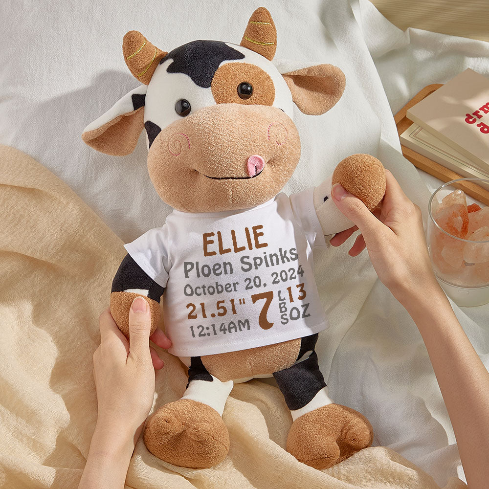 Personalized Cow Plush Stuffed Toy Birth Announcement Gift for Baby Shower