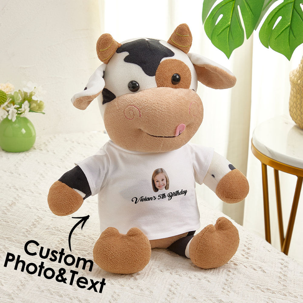 Personalized Cow Plush Stuffed Toy with Custom Text and Face Gift for Kids