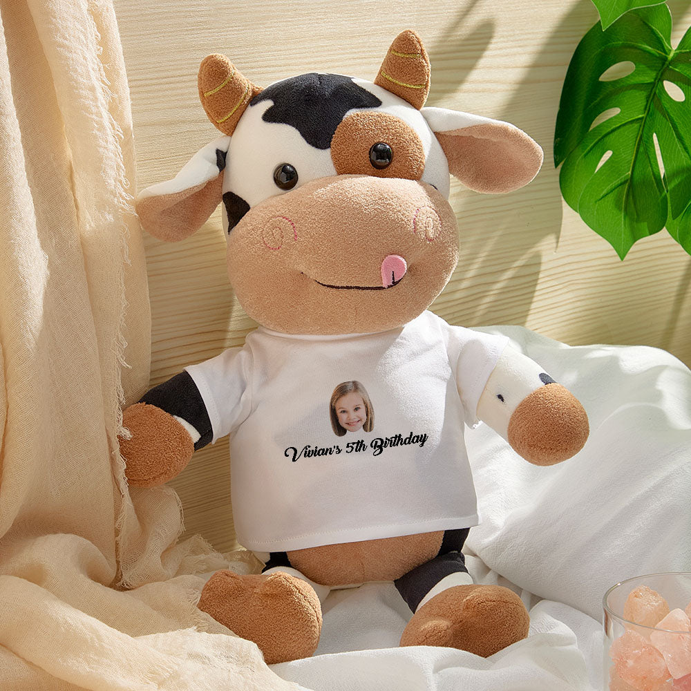 Personalized Cow Plush Stuffed Toy with Custom Text and Face Gift for Kids