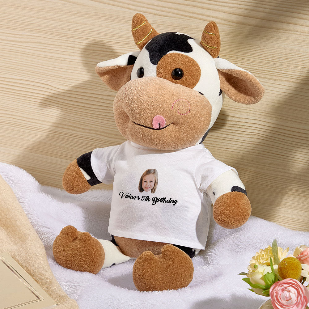 Personalized Cow Plush Stuffed Toy with Custom Text and Face Gift for Kids