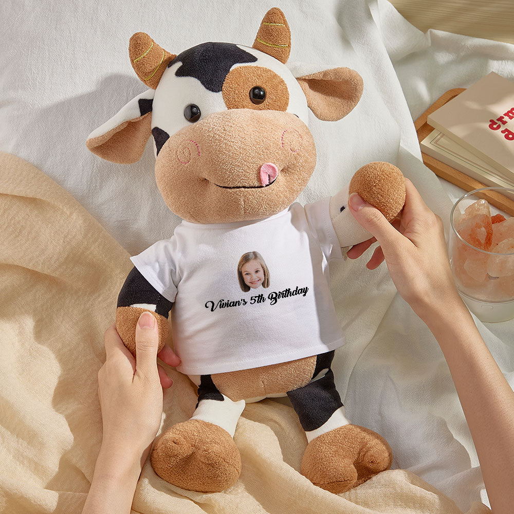 Personalized Cow Plush Stuffed Toy with Custom Text and Face Gift for Kids