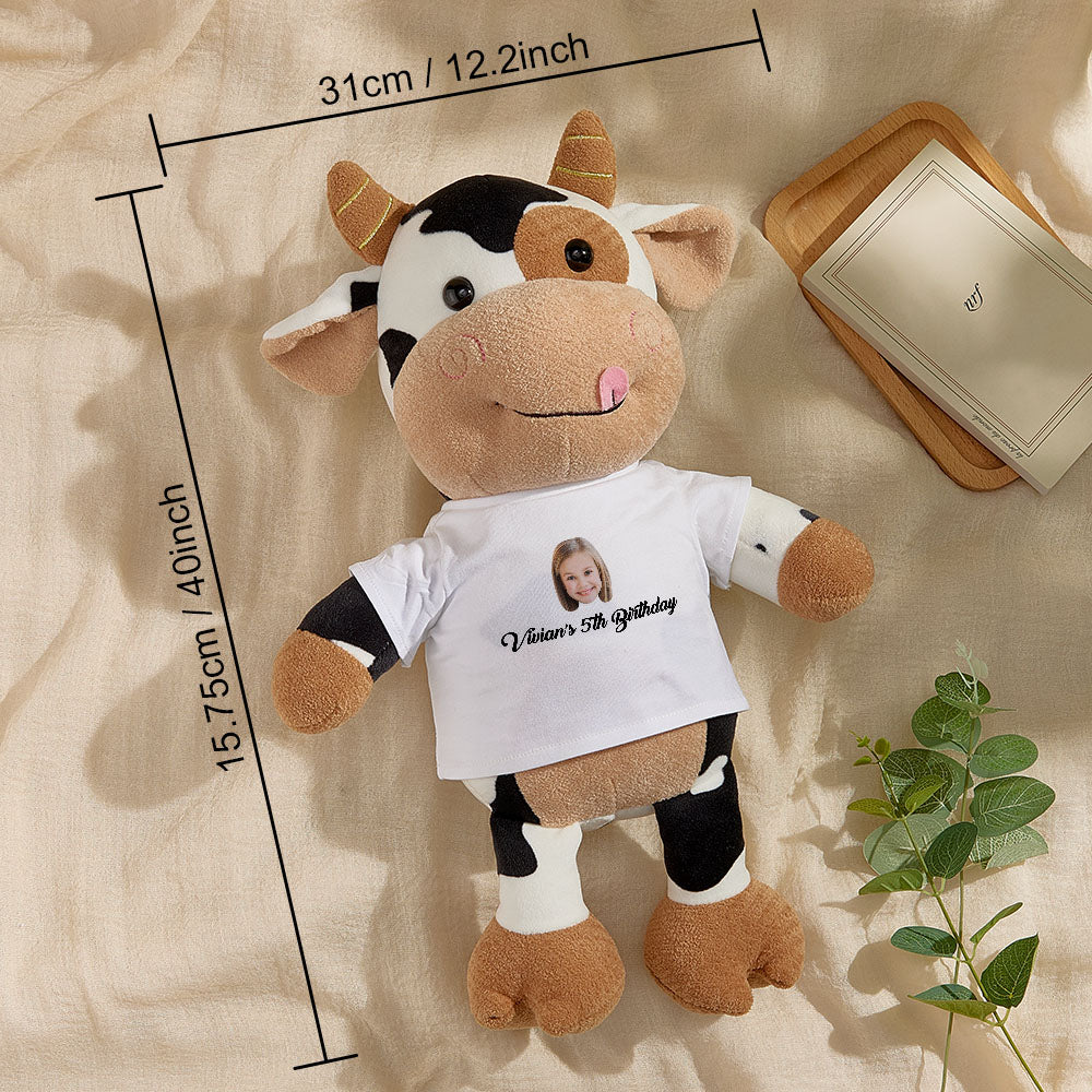 Personalized Cow Plush Stuffed Toy with Custom Text and Face Gift for Kids