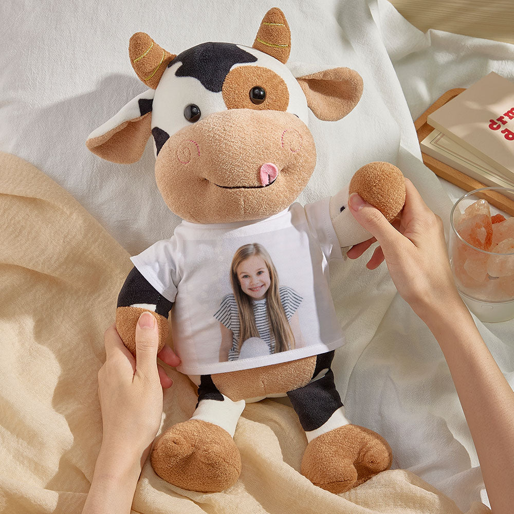 Personalized Cow Plush Stuffed Toy with Photo Gift for Kids