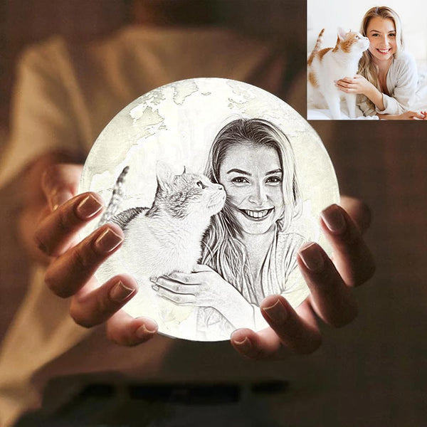 Magic Lunar Customized Pet Earth Lamp With Text, Engraved Lovely Cat Photo Lamp - Touch Two Colors (10-15cm) - mysiliconefoodbag