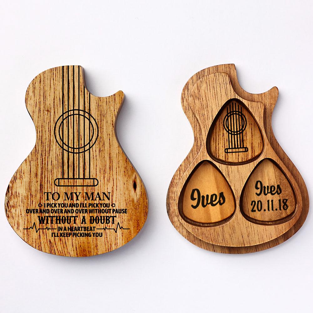 Custom Wooden Guitar Picks Box Holder Set, Customizable Guitar Picks with Your Texts, Personalized 3PCS Wooden Pick Guitar Music Gift for Guitar Lover
