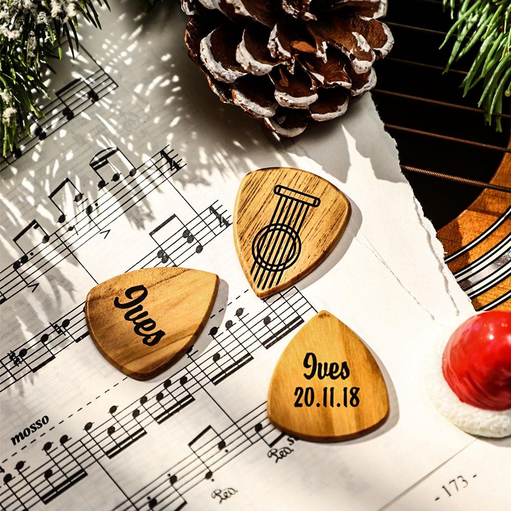 Custom Wooden Guitar Picks Box Holder Set, Customizable Guitar Picks with Your Texts, Personalized 3PCS Wooden Pick Guitar Music Gift for Guitar Lover
